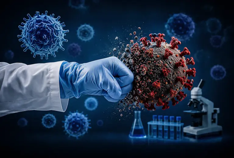 Guante de laboratorio golpeando una representación del virus SARS-CoV-2, simbolizando la respuesta de la inmunidad celular frente al COVID-19 y la investigación biomédica.