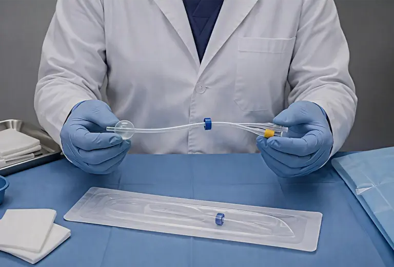 Sonda vesical estéril utilizada para la enseñanza de procedimientos de cateterismo vesical en simulación clínica