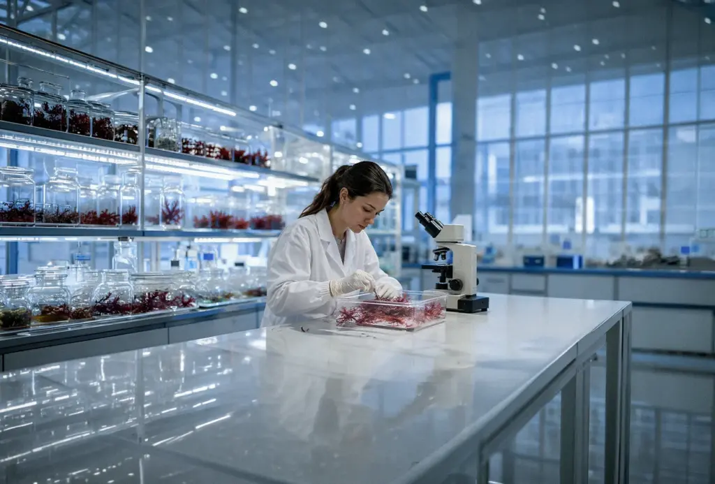 mujer científica estudiando las algas rojas