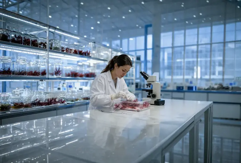mujer científica estudiando las algas rojas