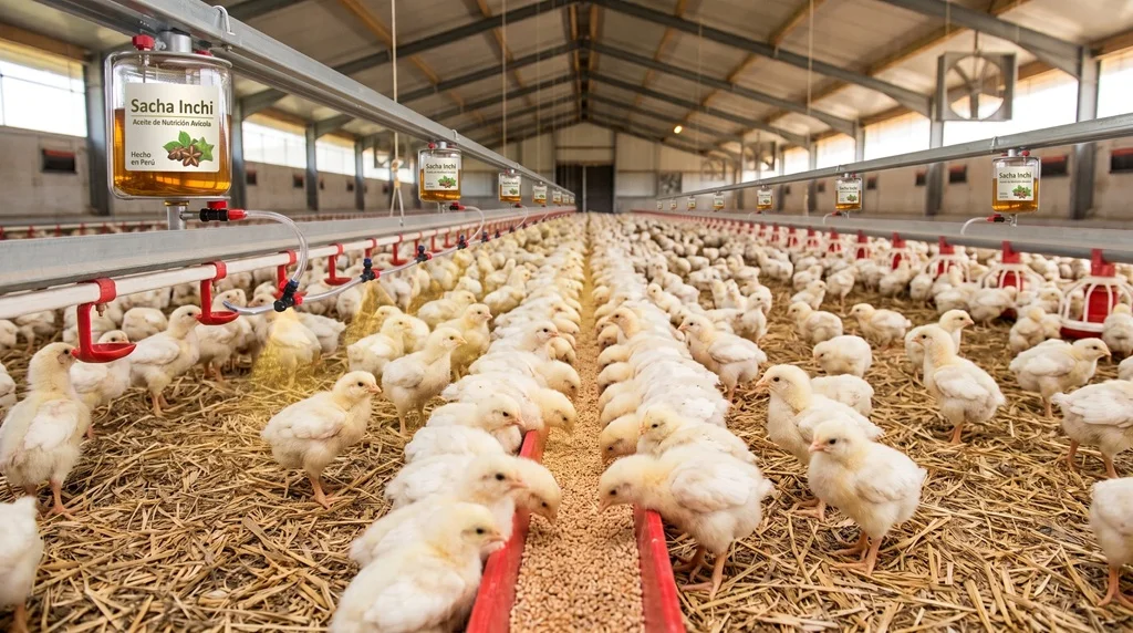 granja de pollos de engorde alimentándose con una dieta que incorpora aceite de sacha inchi